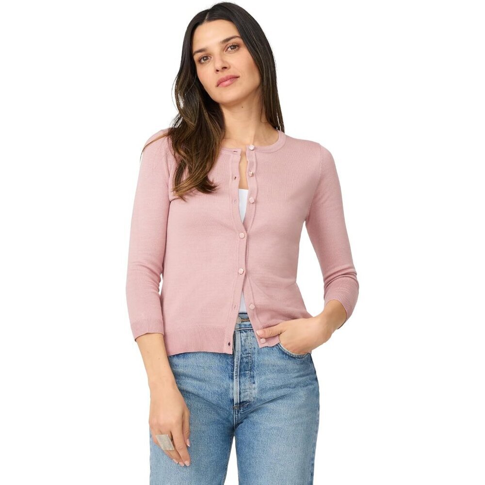 Women's Lightweight Button Up Cardigan Crew Neck 3/4 Sleeve Versatile Layering